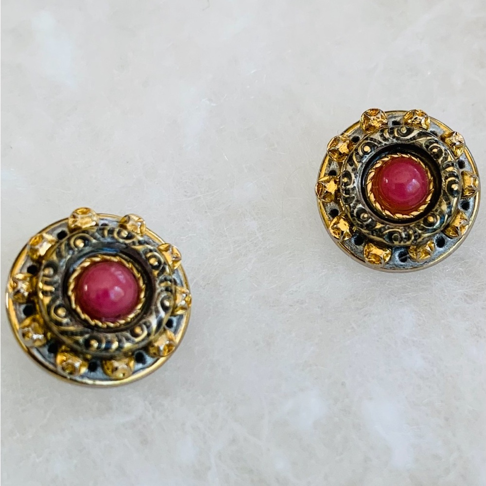 Gold-Tone Pink Cabochon Round Earrings